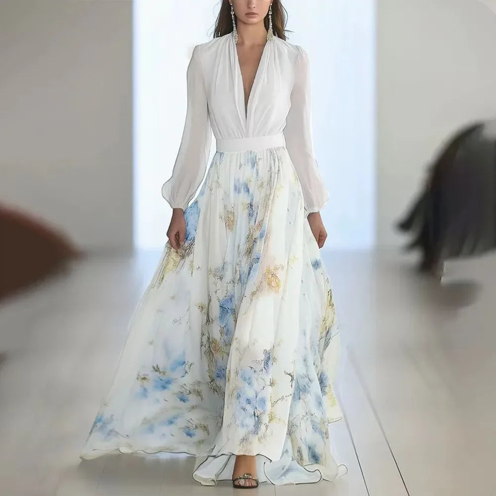 Elegant Long Sleeve Maxi Dress Women 2025 Summer Fashion Slim Floral Print V-neck White Long Dresses Casual Ethnic Style Resort