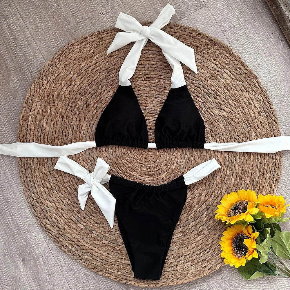 2025 Solid Thong Brazilian Bikinis Swimwear Women Swimsuit  Black White Bikini Set Bathing Suit Female Summer Beach Wear Biquini