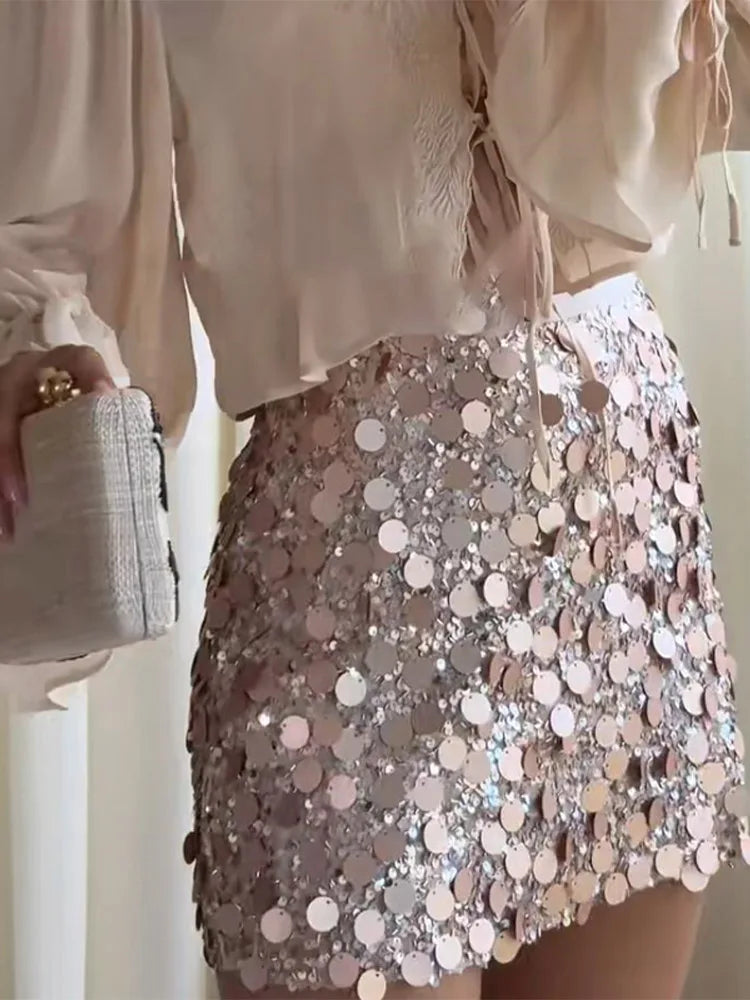 Mini Sequin Skirt Women's Skirts Iridescent Oversized Disc Sequins High-Waisted Fit Beach Vacation Outfit Woman Clothes