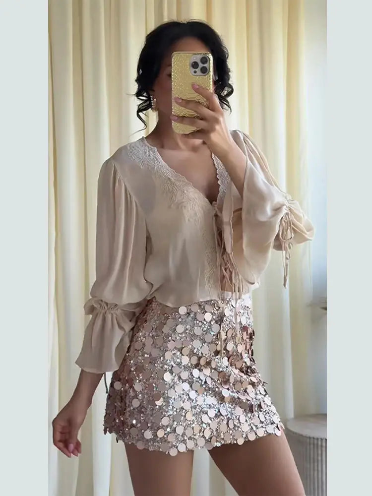 Mini Sequin Skirt Women's Skirts Iridescent Oversized Disc Sequins High-Waisted Fit Beach Vacation Outfit Woman Clothes