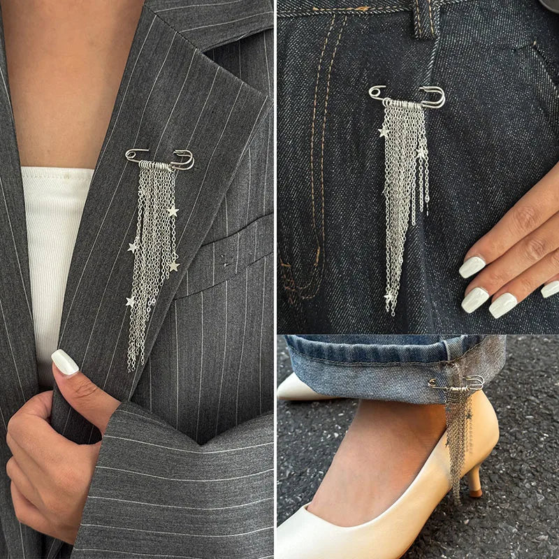 New Exaggerated Metal Chain Pendant Tassel Brooches for Women Man Personality Charm Trousers Shortened Pins Rock Jewelry Gift