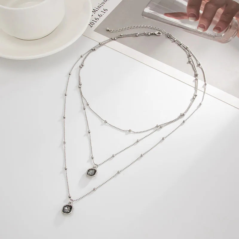 New Acrylic Square Pendant Metal Round Bead Chain Multi-layer Fold Wear Necklace for Women Trendy Personality Jewelry Gifts