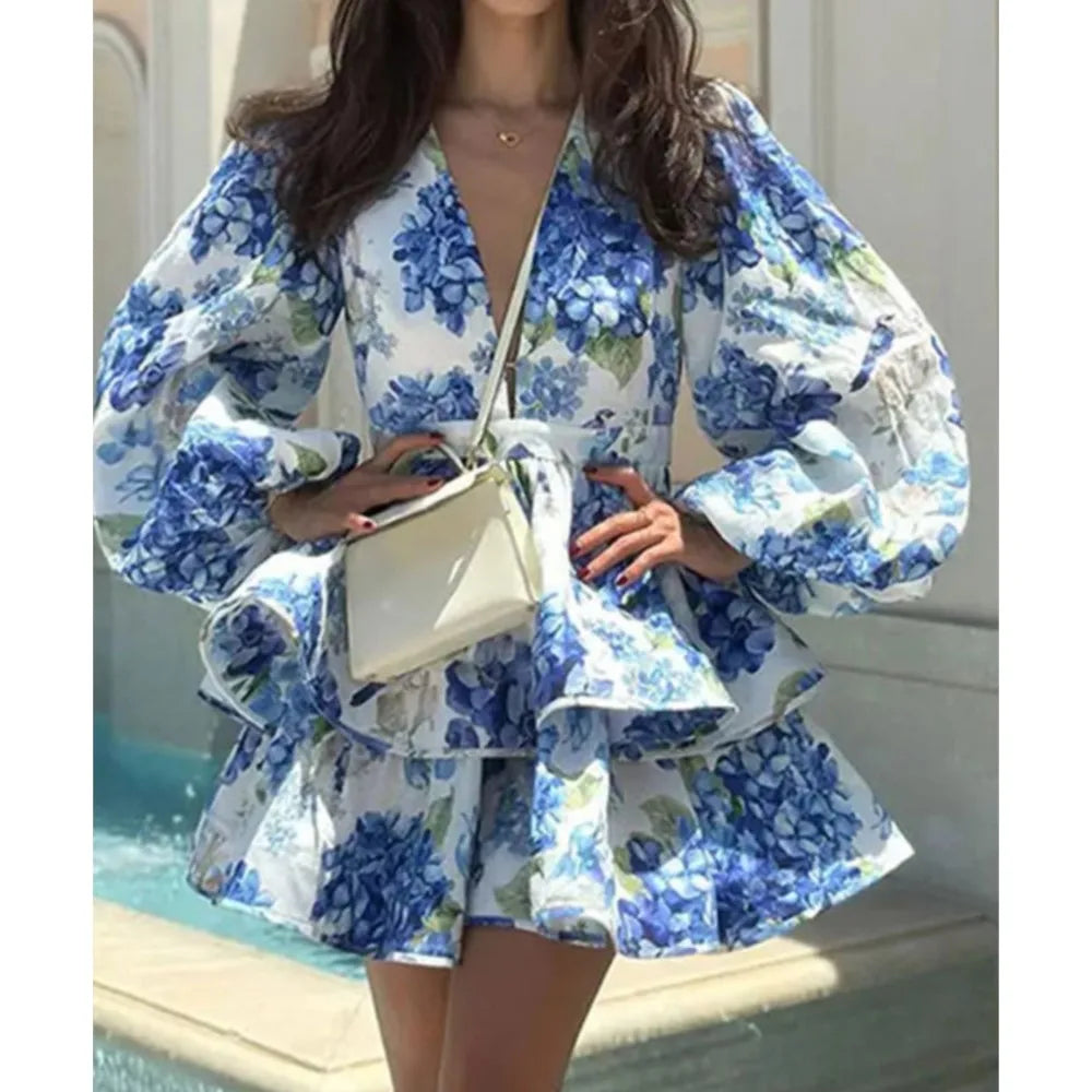 Elegant And Sexy Deep V Neck Bubble Long-sleeved Women's Dresses Fashion Printed Ruffled Patchwork Short Female Party Mini Dress