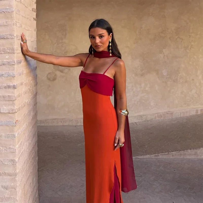 Fashion Women Color Blocking Scarf Collar Sling Dress Sexy Split Waist Cinching Bodycon Maxi Gowns 2026 Lady Club Party Vestidos