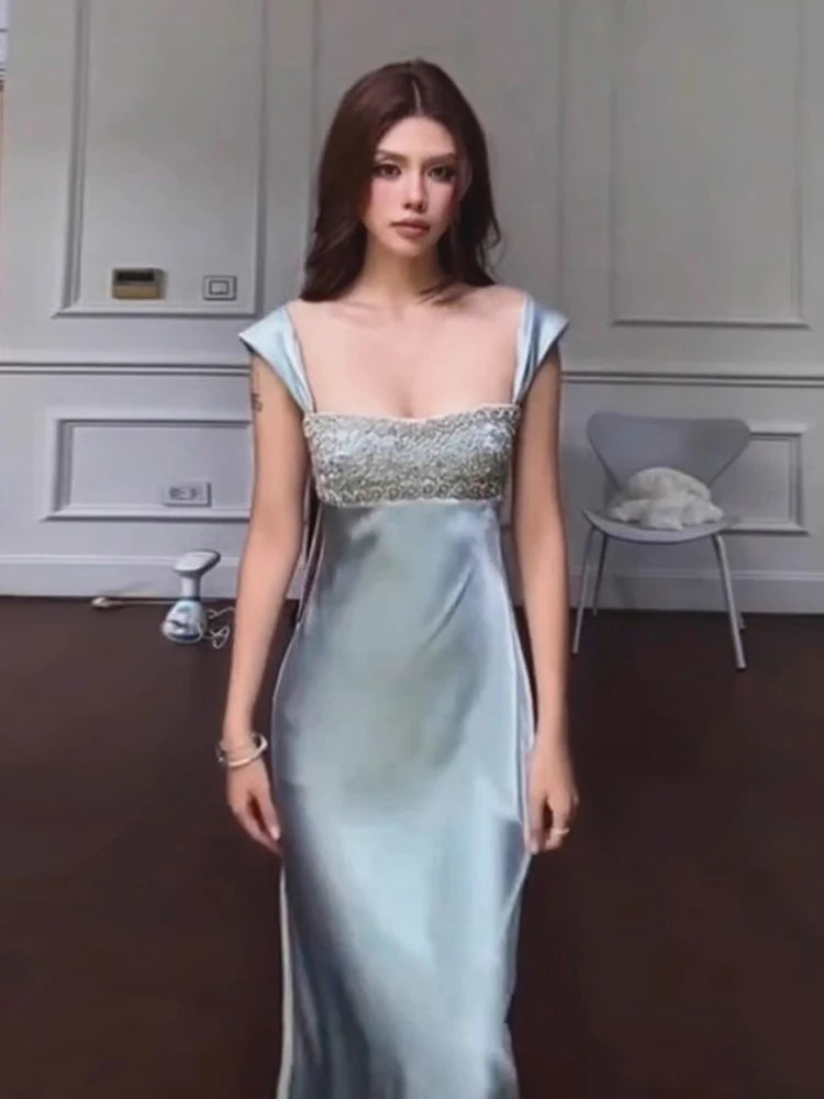 Nibber Elegant Strap Dress Women Low-Neck Patchwork Classic Evening Sexy Stain Valentine's Day Dating Slim Coquette Long Bodycon