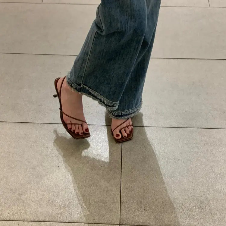 2026 New Genuine Leather Retro Square Toe Pinch Sandals Fashion High Heel Slippers Women Women's Sandals