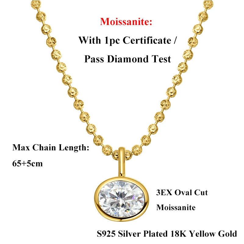 EWYA Oval Cut 2/3/4ct Solitaire Moissanite Pendant Necklaces Women Wedding s925 Silver 1.5mm Solid Choker Big Diamond Neck Chain