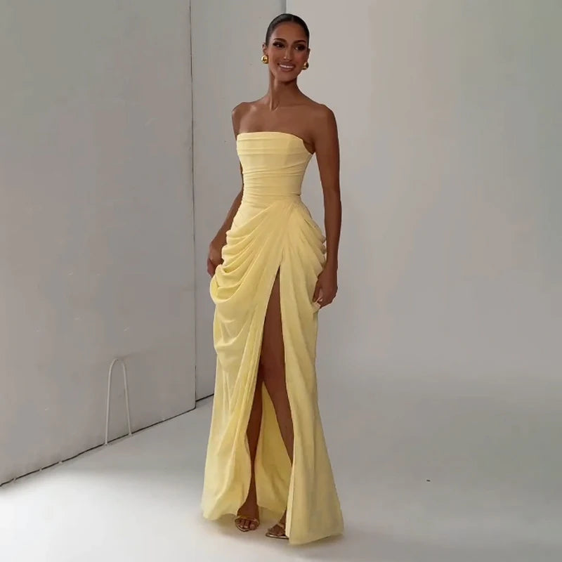 Women Yellow Low Cut Backless High Waisted Dress Lace Up Sleeveless Waist Cincher Spaghetti Strap Vestidos Party Club Women Robe