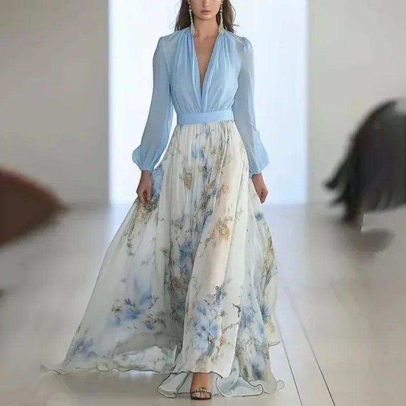 Elegant Long Sleeve Maxi Dress Women 2025 Summer Fashion Slim Floral Print V-neck White Long Dresses Casual Ethnic Style Resort