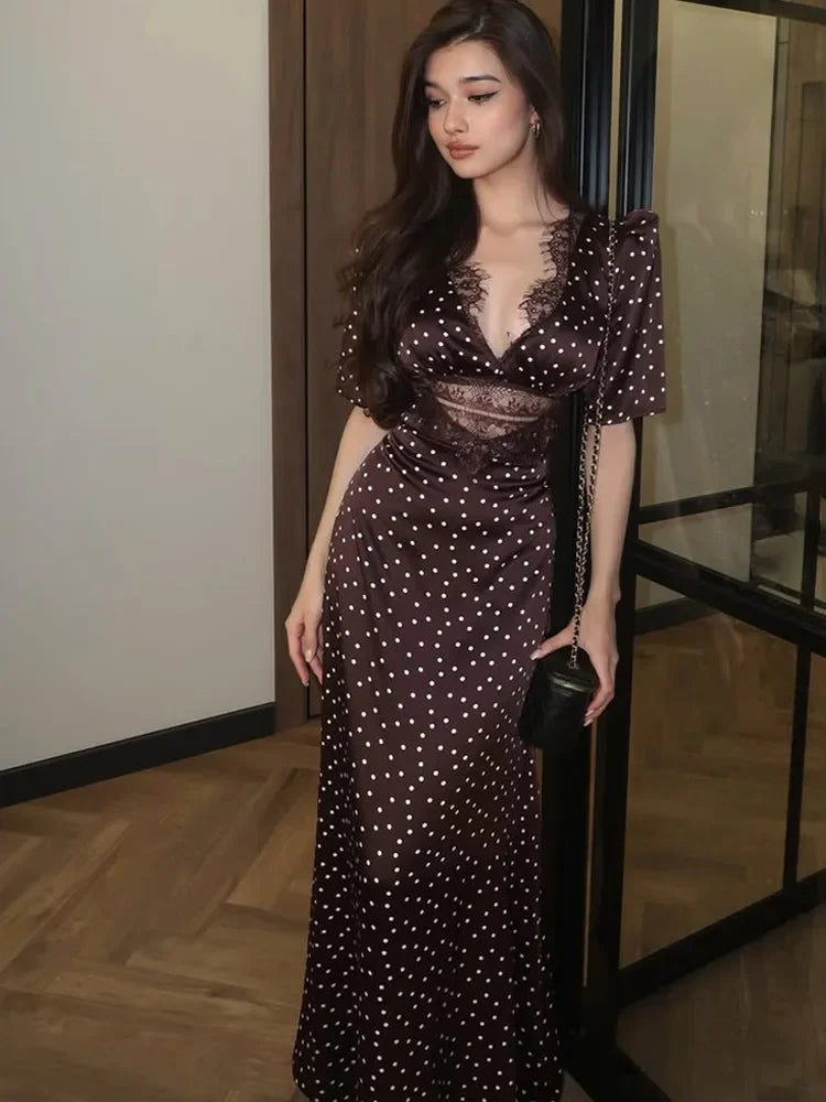 Elegant Women Brown Polka Dot Print Maxi Dress Fashion Short Sleeve Dresses Evening Ladies Street Party Vestidos 2026 Summer
