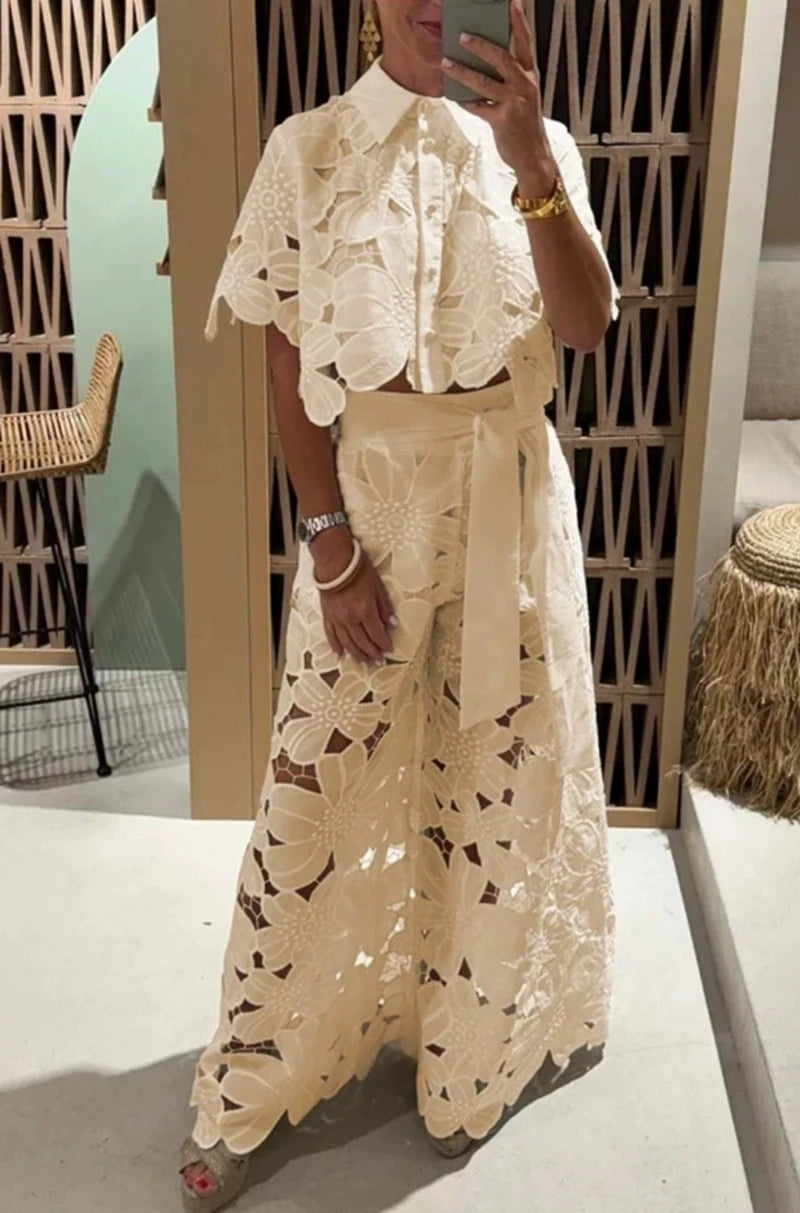 Women Set Short Sleeved Blouse Tops + Tie-up Pants Two Peics set Lace Outfit Embroidery 2025 New Retro Hollow Temperament Suit