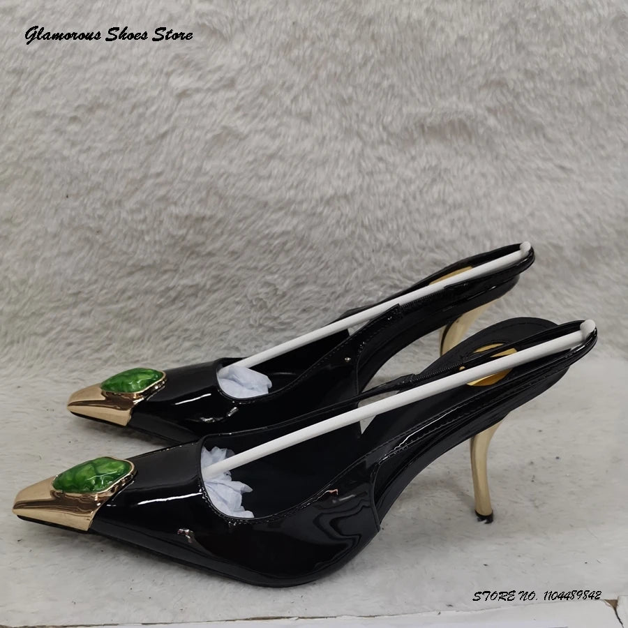 Gem Embellished Metal Toe Slinbacks Pointed Toe Thin High Heels Women's Sandals Summer Slip On Party Wedding Evening Stilettos