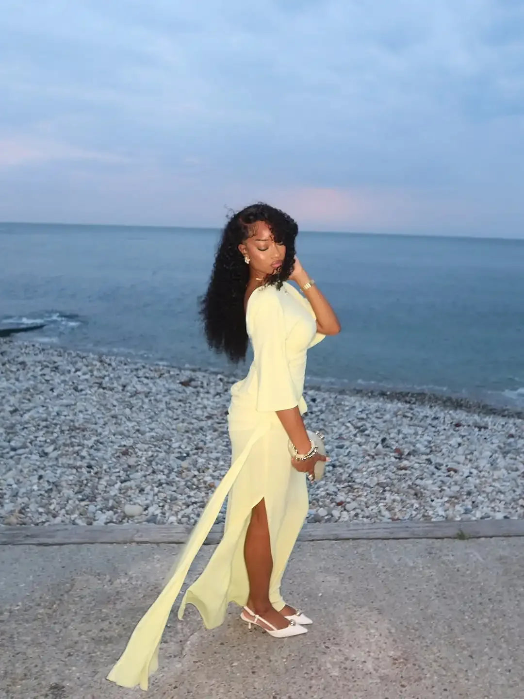Women Fashion Yellow Backless Slit Dress Half Sleeved Waist Cinched Pleated Lace Up Dresses Lady Evening Party Robe 2026 Spring