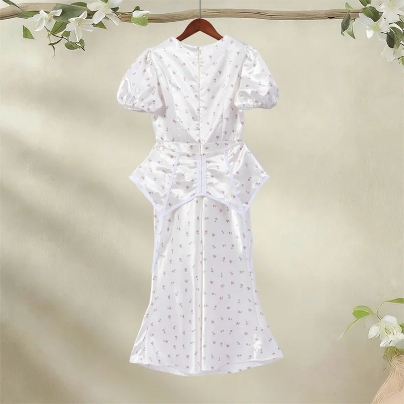 2026 Spring Summer Print Women Dress Sexy 3d Flower Button V-neck Pleated Hip Package Long Sleeve Dresses Party Lady Robe New