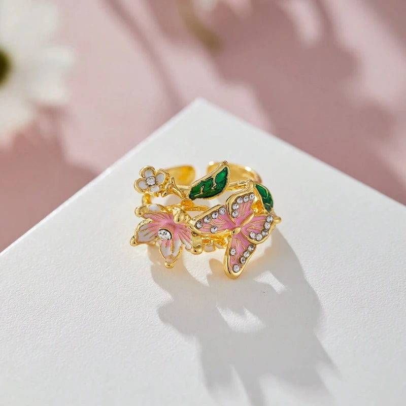 Aesthetic Flower Butterfly Rings for Female Romantic Rhinestone Stylish Non-fading Opening Ring Women Wedding Jewelry Party Gift