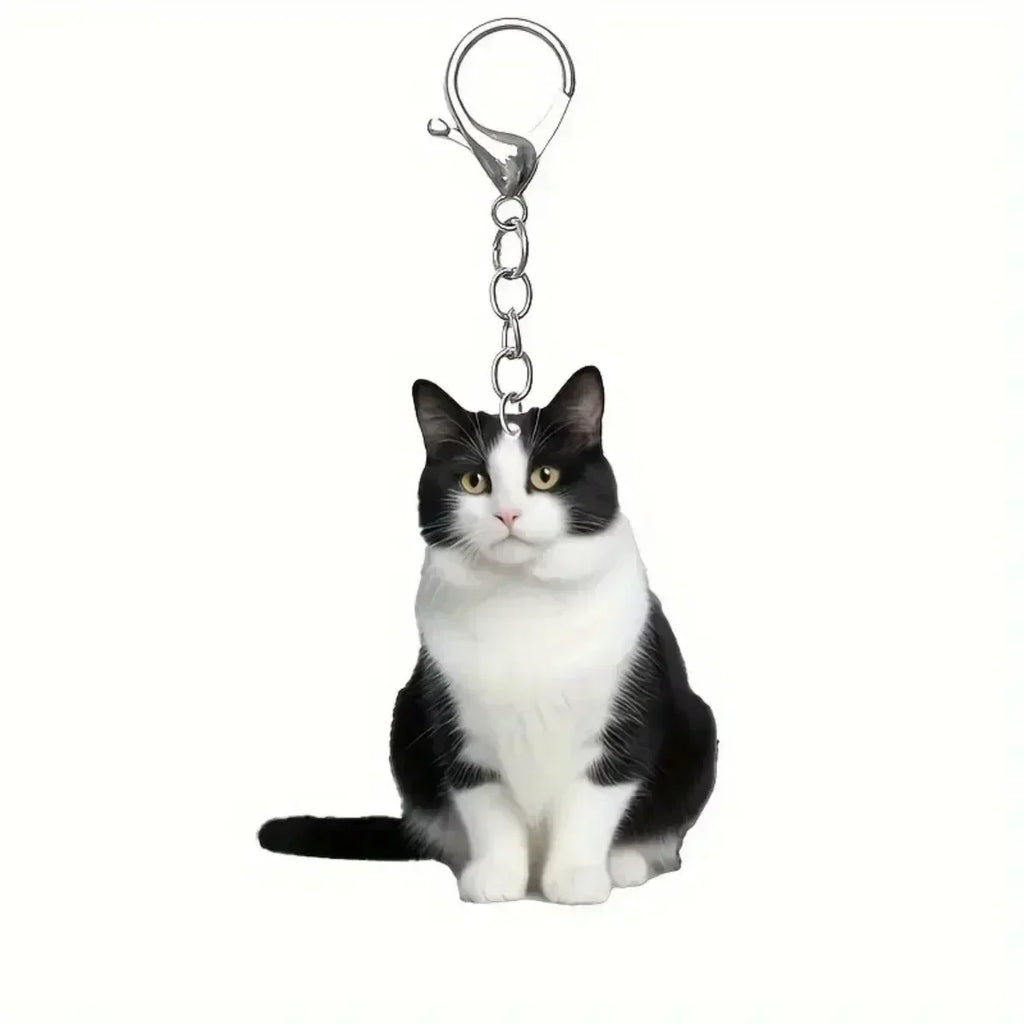 Cute Black White Cat Keychain 2D Acrylic Double-Sided Design Animal Pendant Charm for Backpacks Kids Gifts