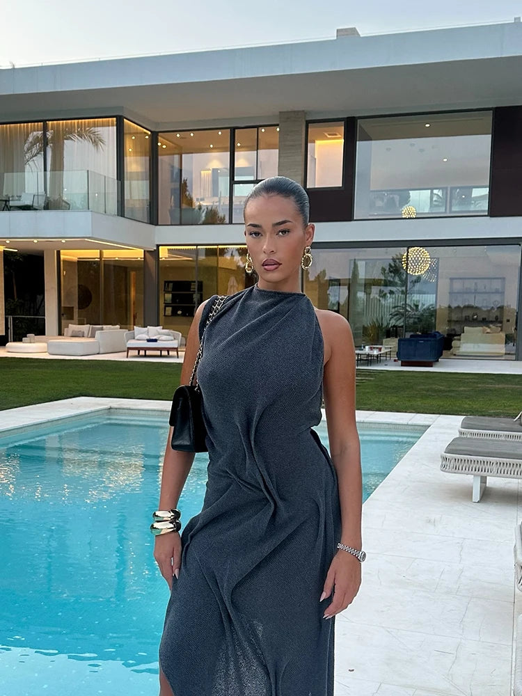 Romantic Soft Halter Maxi Dress Ruched Asymmetrical Women Dresses Anniversary Dinners Vacation Elegant Female Party Wear