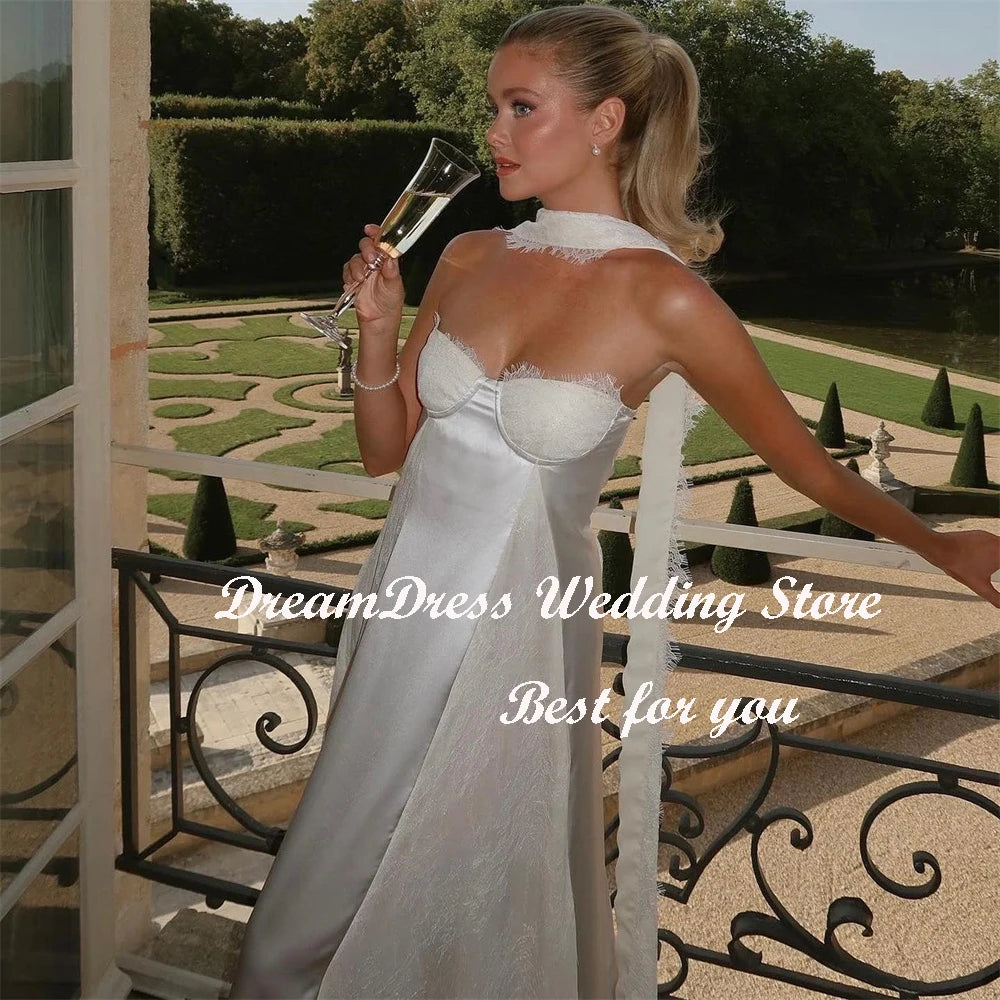 DREAM Customized A Line Strapless Scarf Sweetheart Wedding Dress For Women Sleeveless Lace Satin Modern Patchwork Bridal Gowns