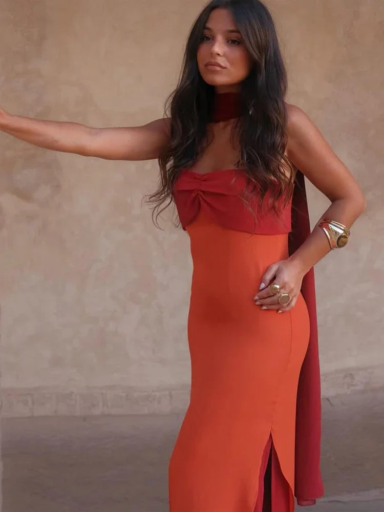 Fashion Women Color Blocking Scarf Collar Sling Dress Sexy Split Waist Cinching Bodycon Maxi Gowns 2026 Lady Club Party Vestidos