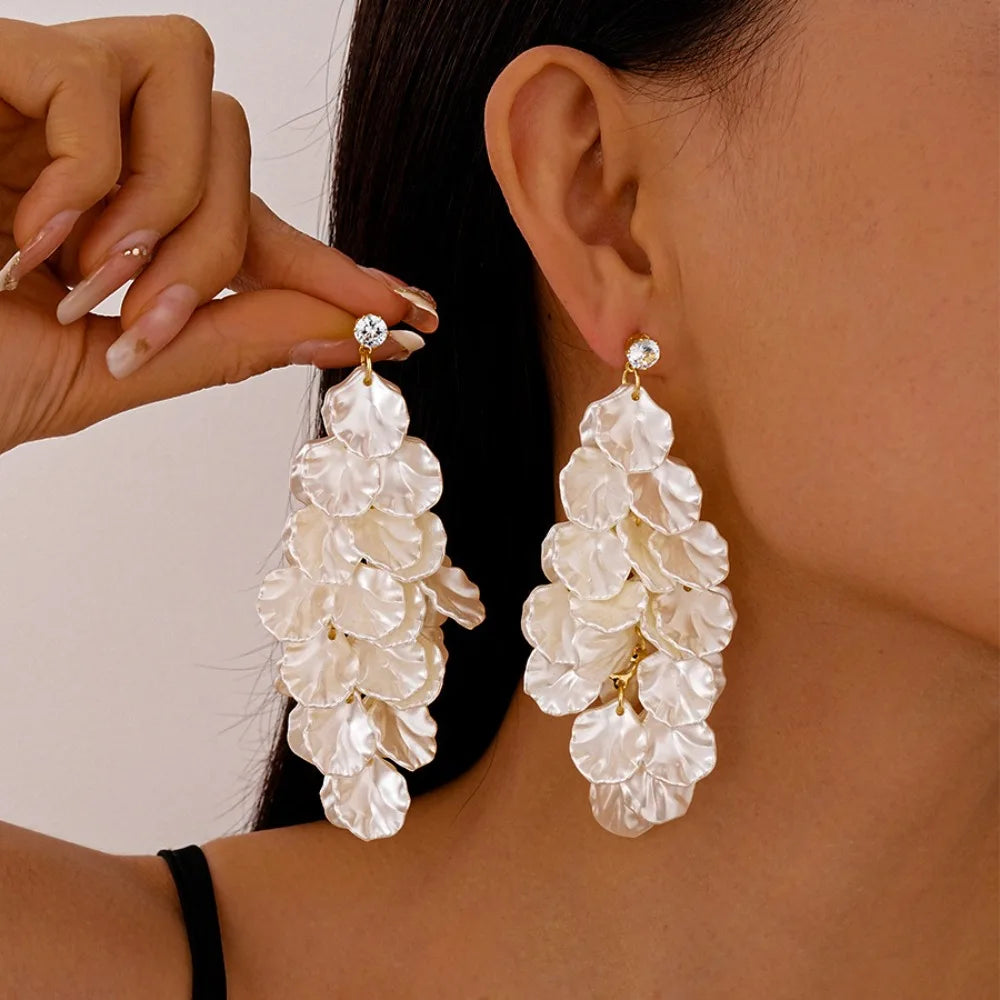 Exaggerated Big Flower Long Tassel Earrings Light Luxury Advanced Sense Women Earrings Metal Temperament Stud Earrings Wedding