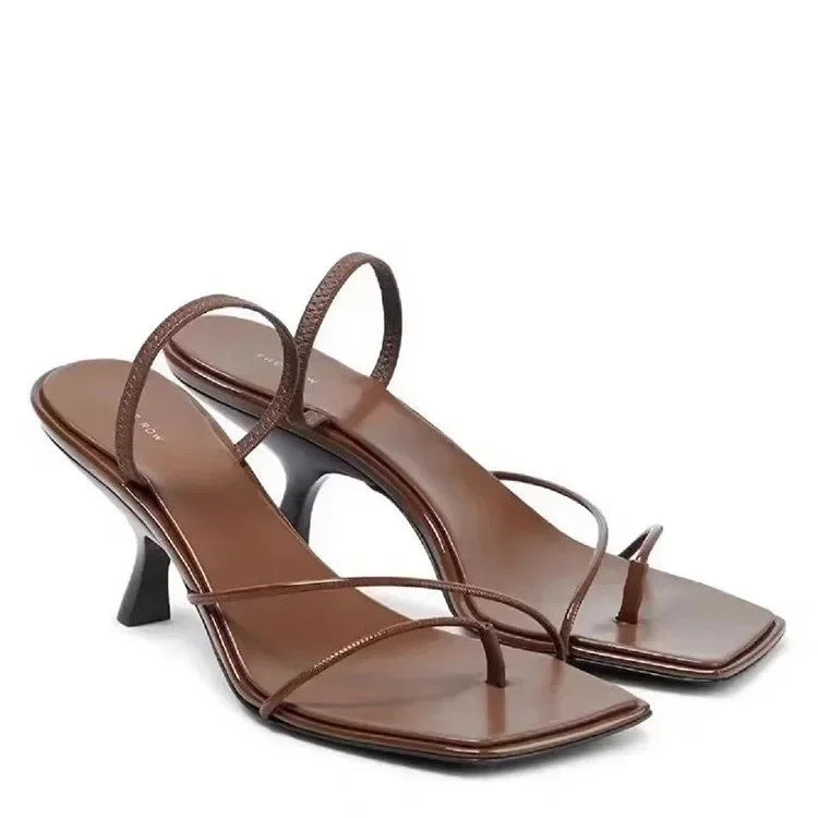2026 New Genuine Leather Retro Square Toe Pinch Sandals Fashion High Heel Slippers Women Women's Sandals
