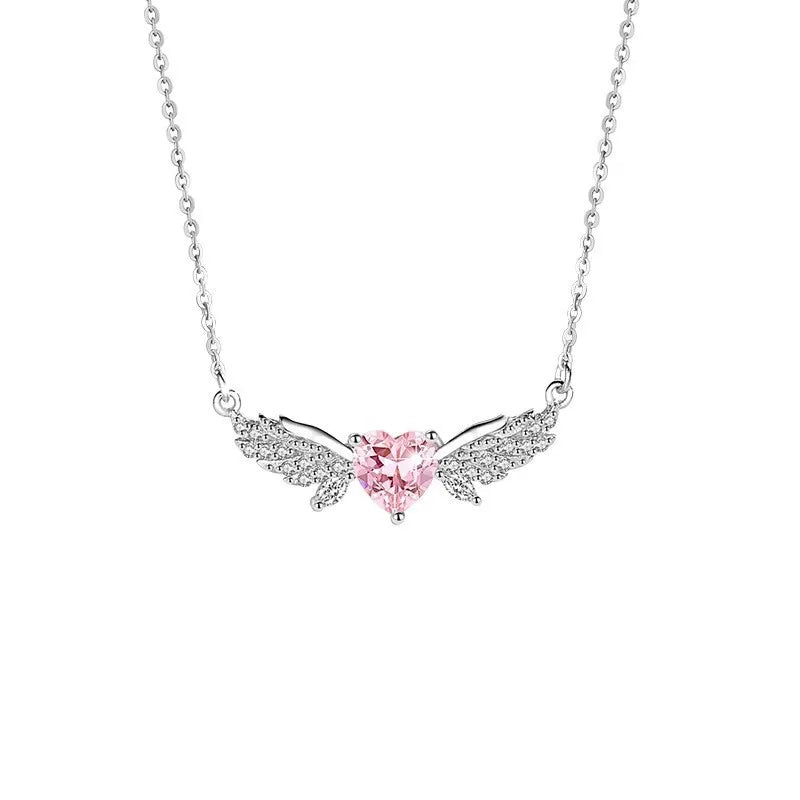 Crystal Angel Wings Pink Heart Pendant Necklaces Y2K Girl Women Heart Clavicle Chain Choker Fashion Jewelry Gifts