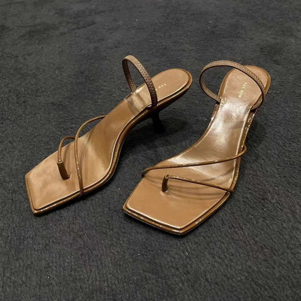2026 New Genuine Leather Retro Square Toe Pinch Sandals Fashion High Heel Slippers Women Women's Sandals