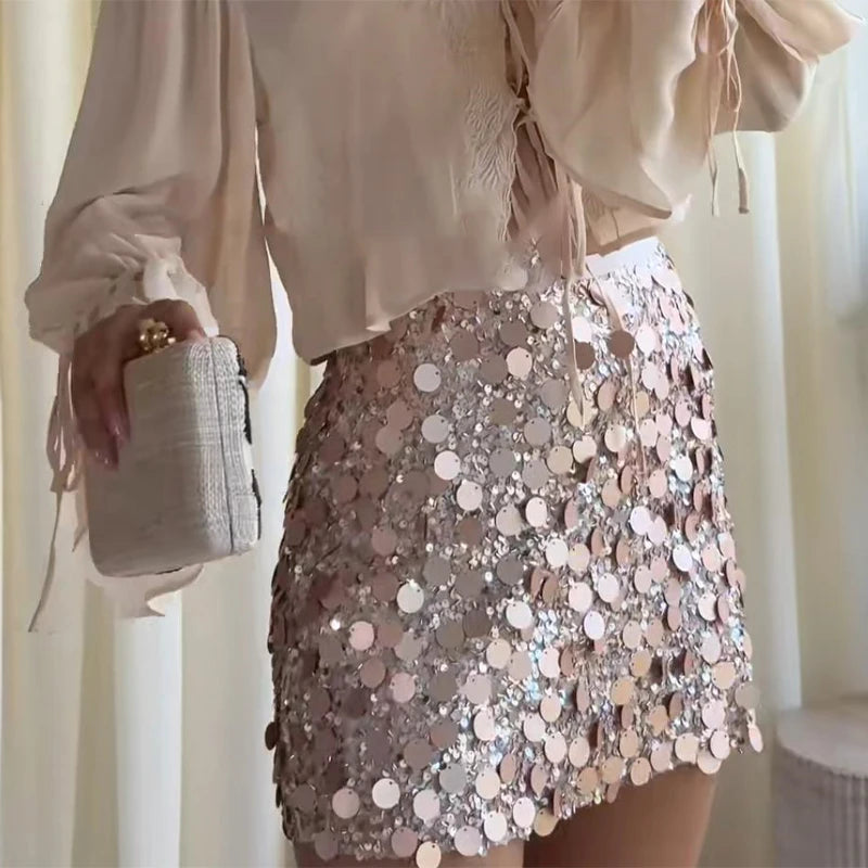 Mini Sequin Skirt Women's Skirts Iridescent Oversized Disc Sequins High-Waisted Fit Beach Vacation Outfit Woman Clothes