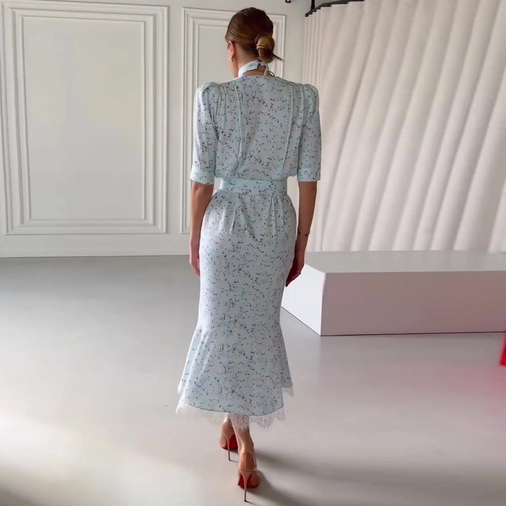 Elegant Lace Trimmed Printed Dress Women Chic Deep V-neck Waist Cinching Split Short Sleeve Maxi Dress Lady Party Vestidos 2026