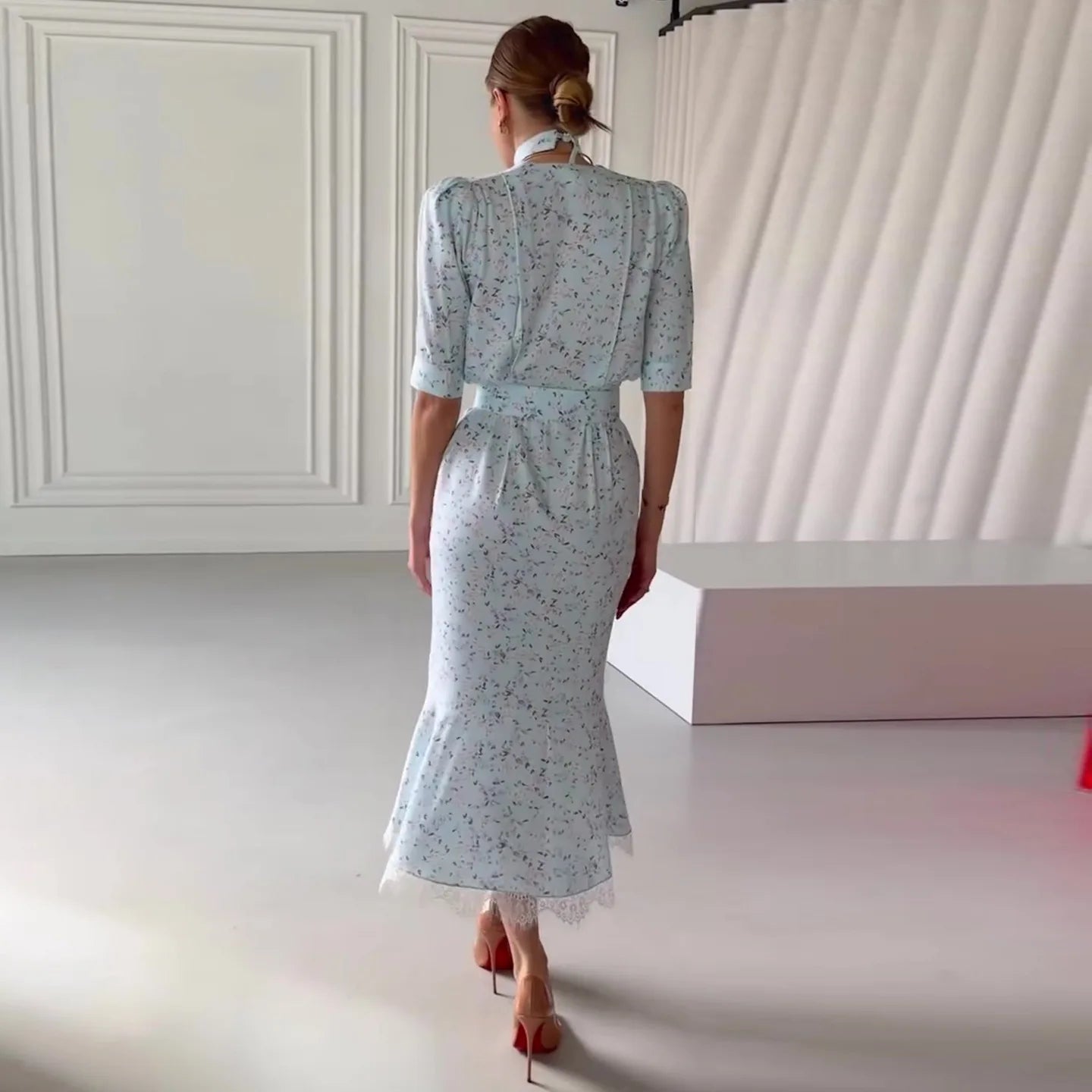 Elegant Lace Trimmed Printed Dress Women Chic Deep V-neck Waist Cinching Split Short Sleeve Maxi Dress Lady Party Vestidos 2026