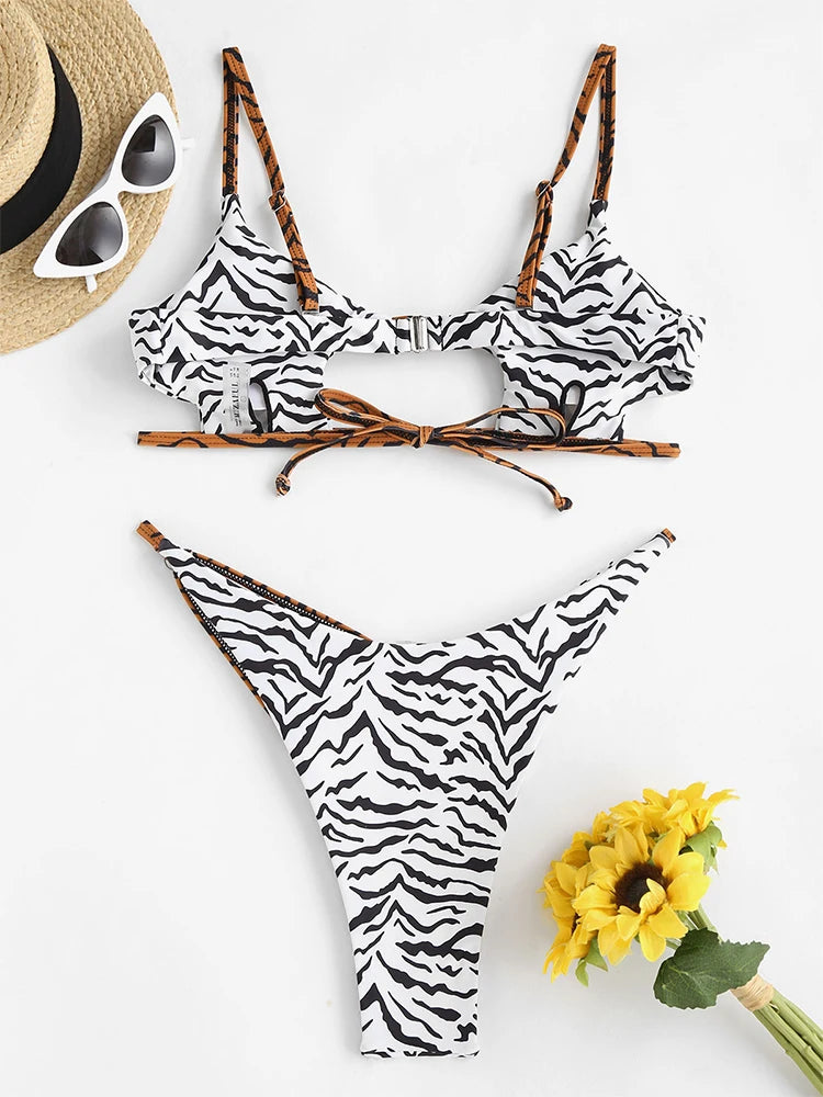ZAFUL Bikini Swimwear Animal Print Cut Out Strappy High Waist Strapless Sexy Bikini Set Pure Color Women Swimsuit Bathing Suit