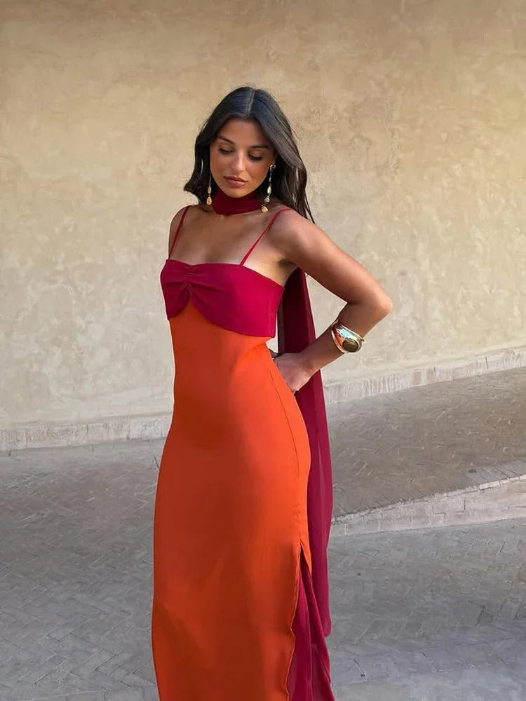 Fashion Women Color Blocking Scarf Collar Sling Dress Sexy Split Waist Cinching Bodycon Maxi Gowns 2026 Lady Club Party Vestidos