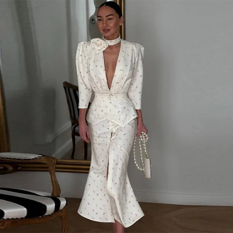 2026 Spring Summer Print Women Dress Sexy 3d Flower Button V-neck Pleated Hip Package Long Sleeve Dresses Party Lady Robe New