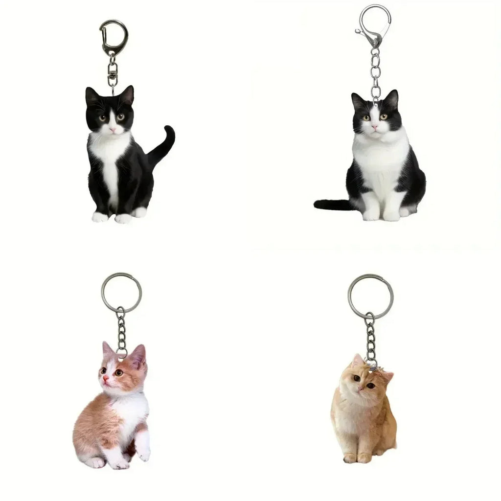 Cute Black White Cat Keychain 2D Acrylic Double-Sided Design Animal Pendant Charm for Backpacks Kids Gifts