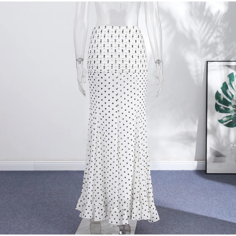 Polka Dot Women ‘s Skirt Elegant High Waist Ruched Ruffle Hem Mermaid Long Skirt Female  2026 Summer Casual Party Streetwears