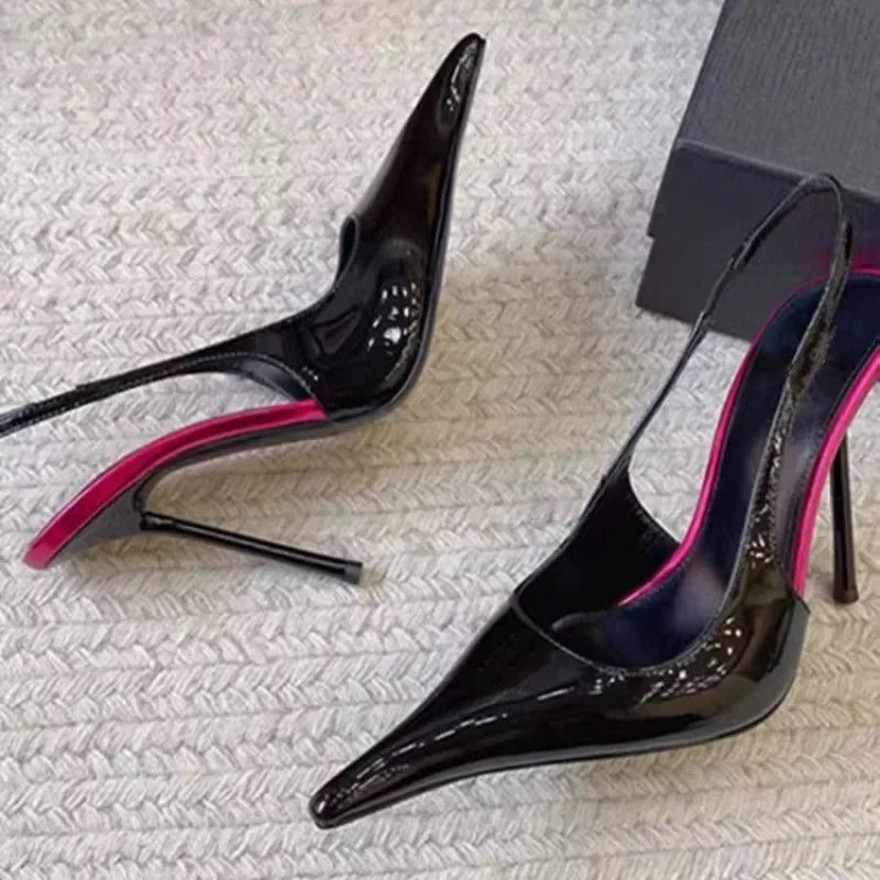 Fashion Non-Slip Wear-Resistant High Heels Women's Pointed Toe Patent Leather Slip-On Sandals