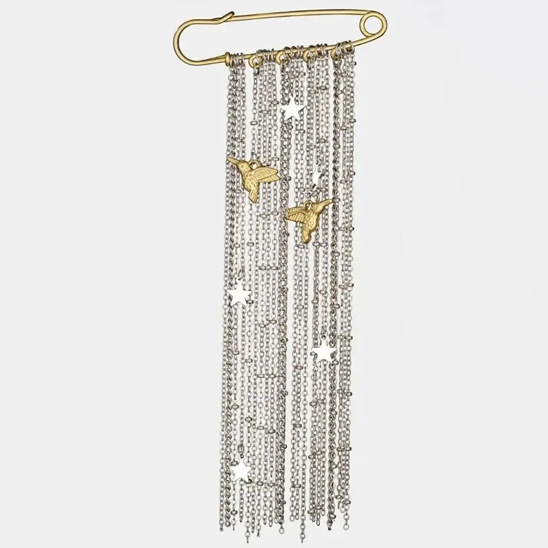 Black Crystal Tassel Brooch Metal Chain Pendant Tassel Brooch for Women Personality Charm Clothes Bag Pins Jewelry Accessories