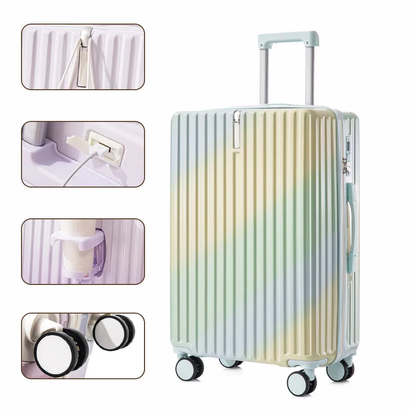 20/22/24 Inch Gradient Color Luggage Boarding Trolley Suitcase Safety Combination Lock Front Hook Silent Universal Roller