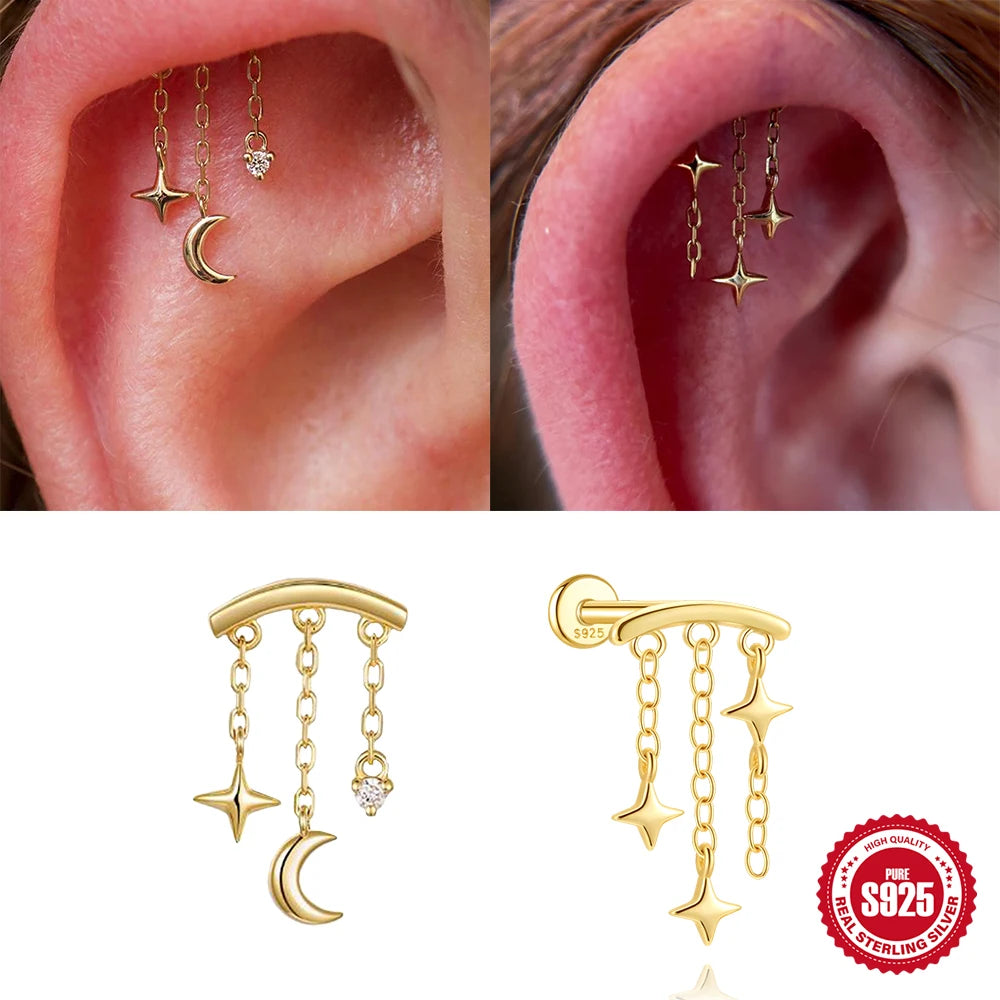 BOAKO Star Moon Chain Tassel  925 Sterling Silver Shiny For Woman Piercing Earring Fashion Dainty Luxury Style fine jewelry