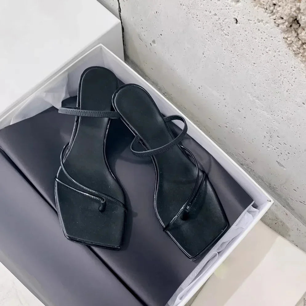 2026 New Genuine Leather Retro Square Toe Pinch Sandals Fashion High Heel Slippers Women Women's Sandals