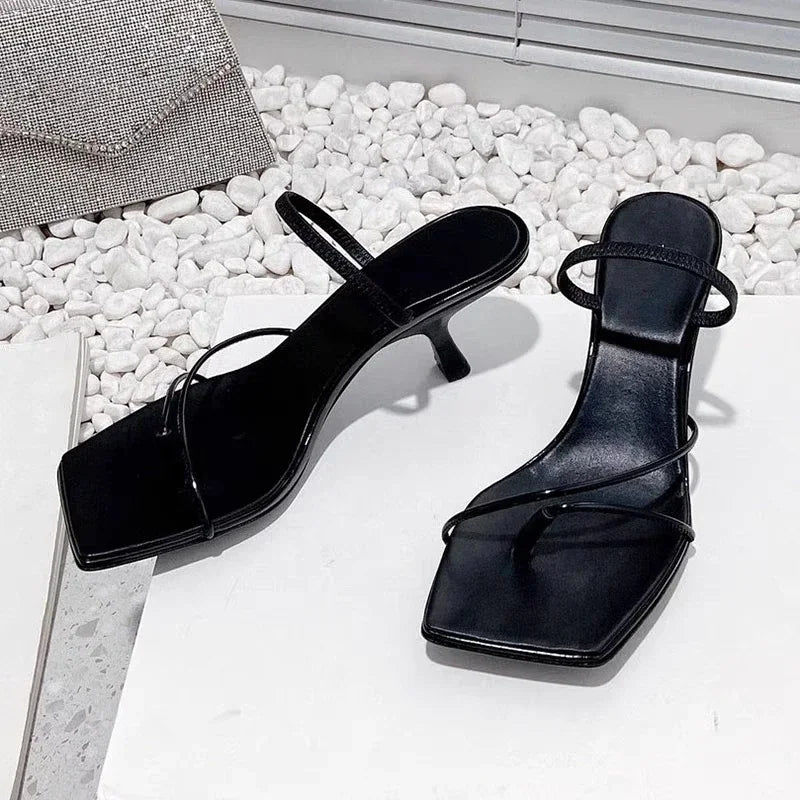2026 New Genuine Leather Retro Square Toe Pinch Sandals Fashion High Heel Slippers Women Women's Sandals