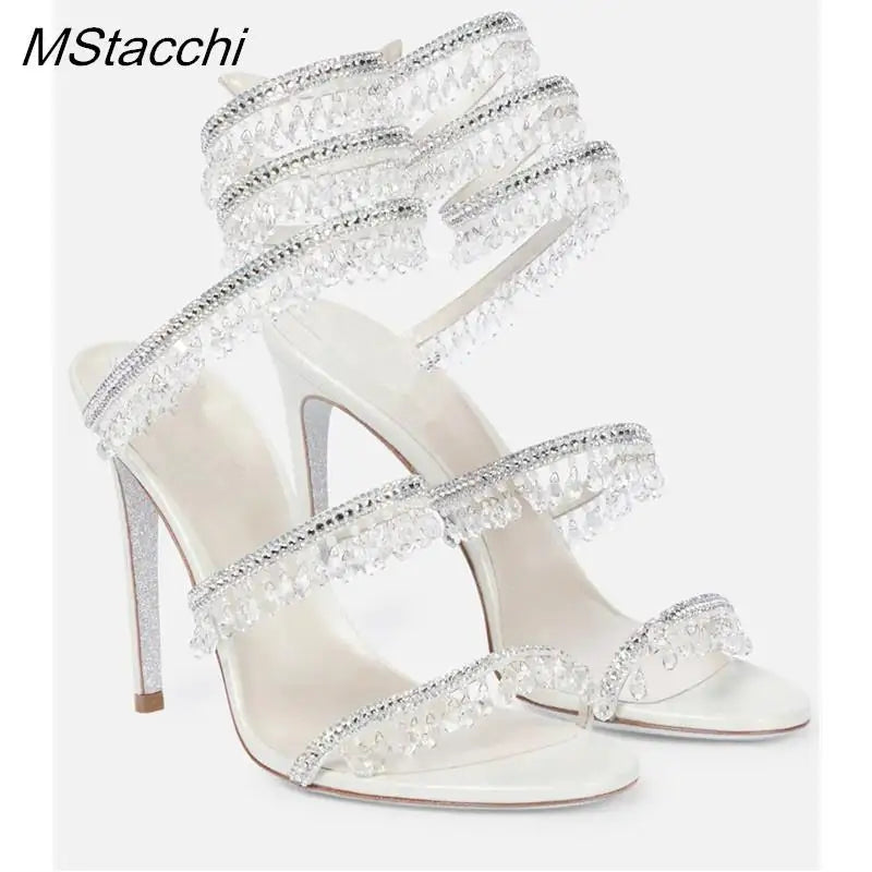 Crystal Wrap Sandals Women Summer 2026 Wedding Shoes High Heel Party Shoes Ankle Strappy Sandals Designer Stiletto Heel Shoes