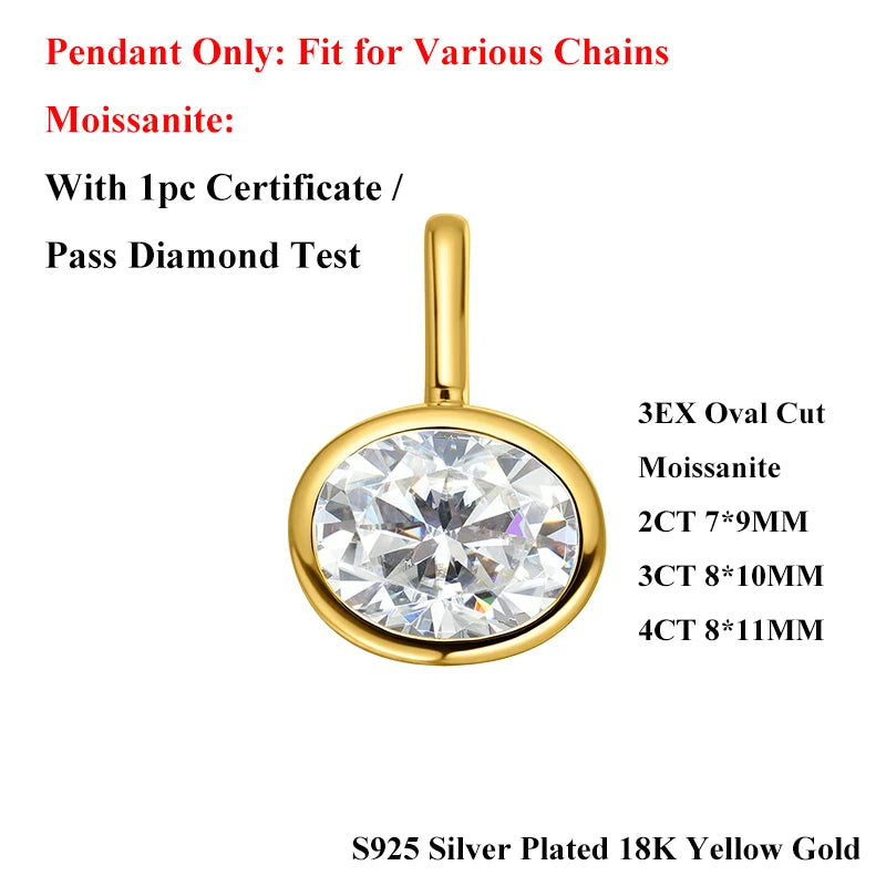 EWYA Oval Cut 2/3/4ct Solitaire Moissanite Pendant Necklaces Women Wedding s925 Silver 1.5mm Solid Choker Big Diamond Neck Chain