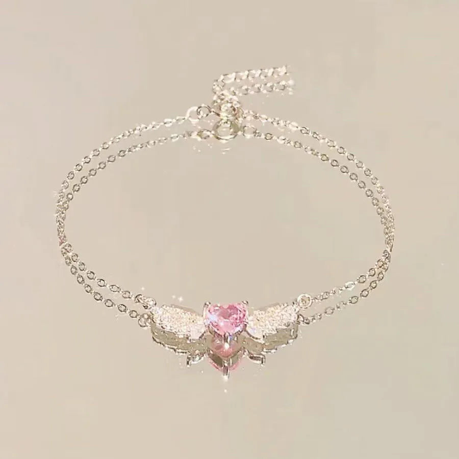 Crystal Angel Wings Pink Heart Pendant Necklaces Y2K Girl Women Heart Clavicle Chain Choker Fashion Jewelry Gifts