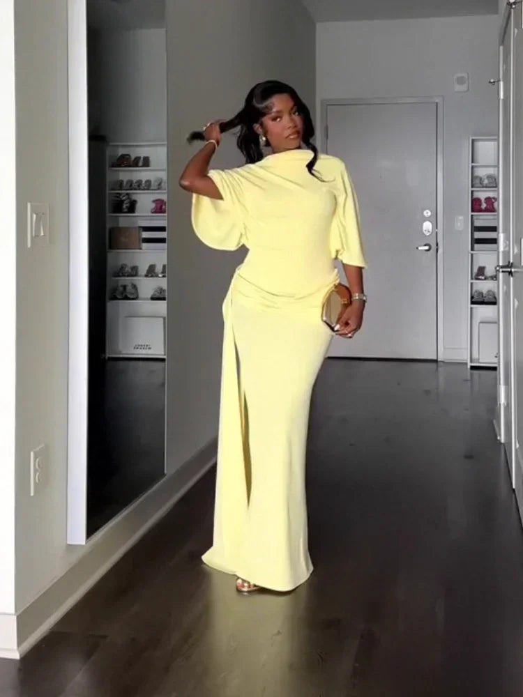 Women Fashion Yellow Backless Slit Dress Half Sleeved Waist Cinched Pleated Lace Up Dresses Lady Evening Party Robe 2026 Spring