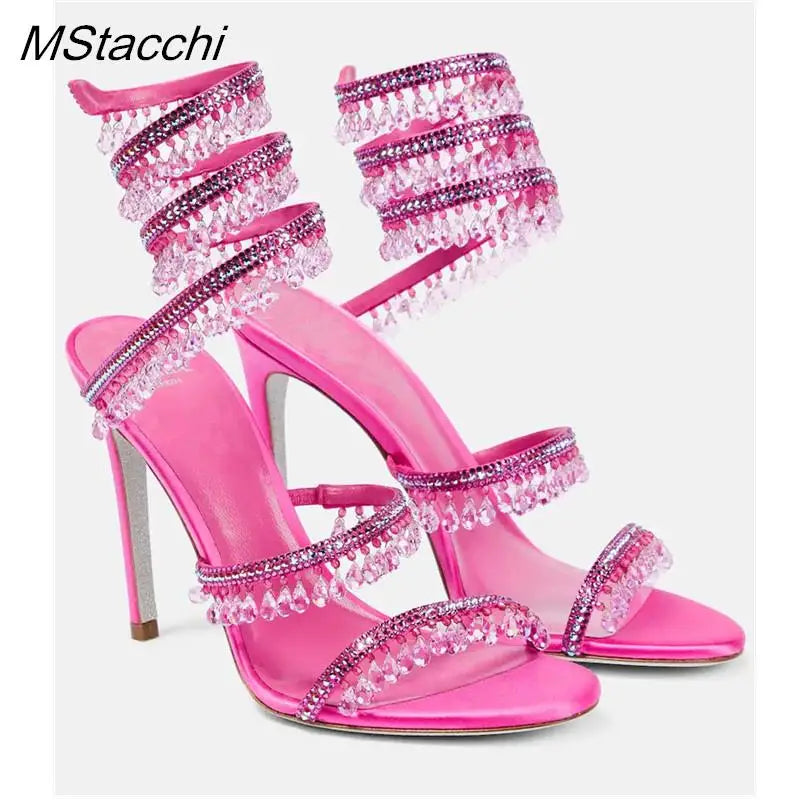Crystal Wrap Sandals Women Summer 2026 Wedding Shoes High Heel Party Shoes Ankle Strappy Sandals Designer Stiletto Heel Shoes