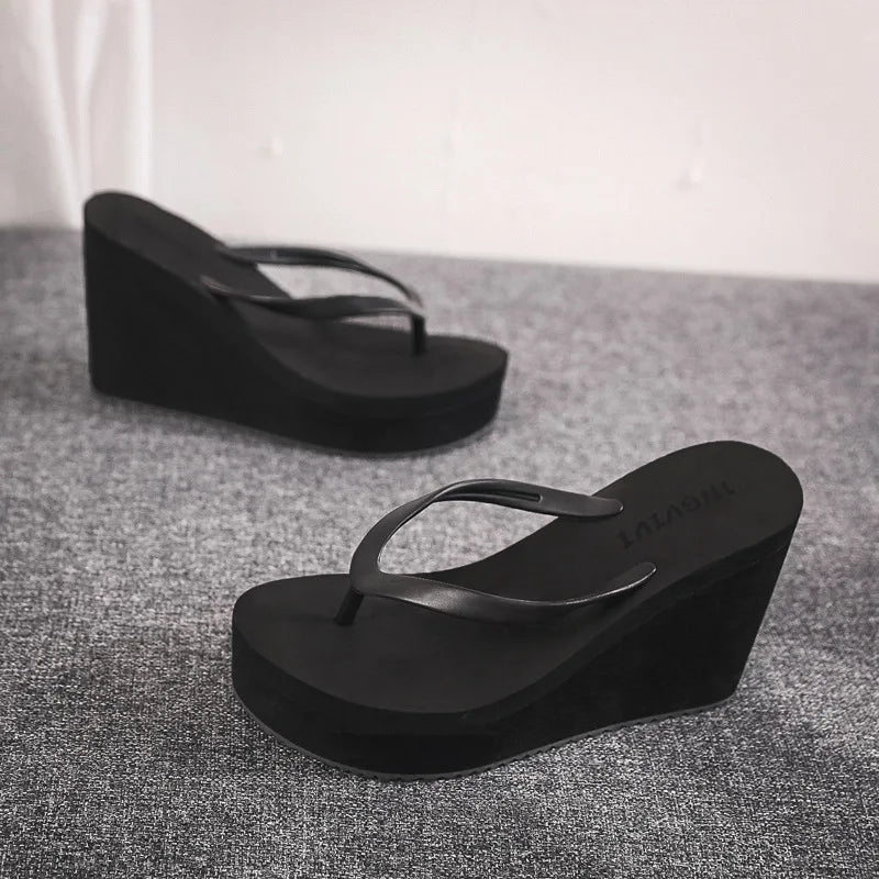 EOFK New Women Flip Flops Wedges Comfort Summer Platform Slippers Outdoor Concise Beach High Heel 9cm Casual Slides
