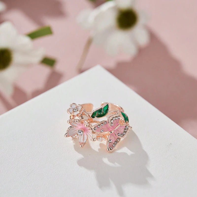 Aesthetic Flower Butterfly Rings for Female Romantic Rhinestone Stylish Non-fading Opening Ring Women Wedding Jewelry Party Gift