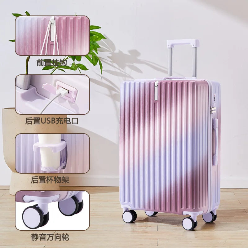 20/22/24 Inch Gradient Color Luggage Boarding Trolley Suitcase Safety Combination Lock Front Hook Silent Universal Roller