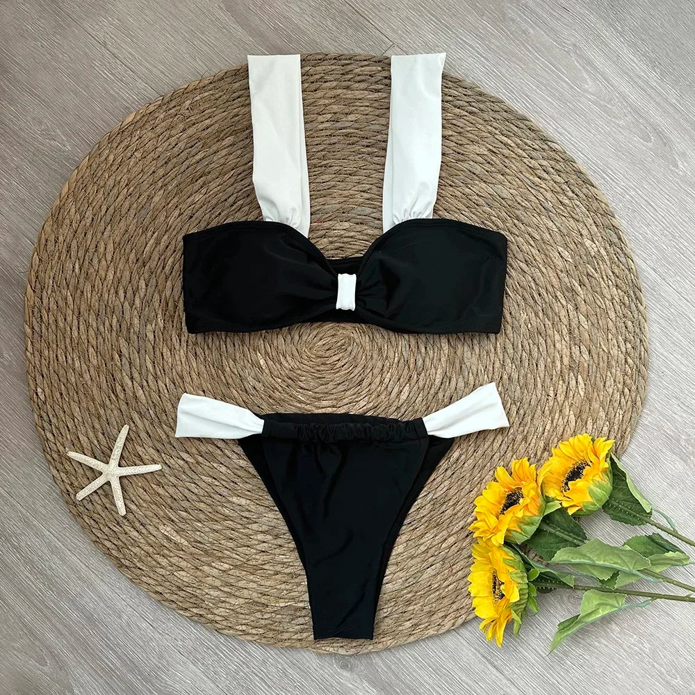 2025 Solid Thong Brazilian Bikinis Swimwear Women Swimsuit  Black White Bikini Set Bathing Suit Female Summer Beach Wear Biquini